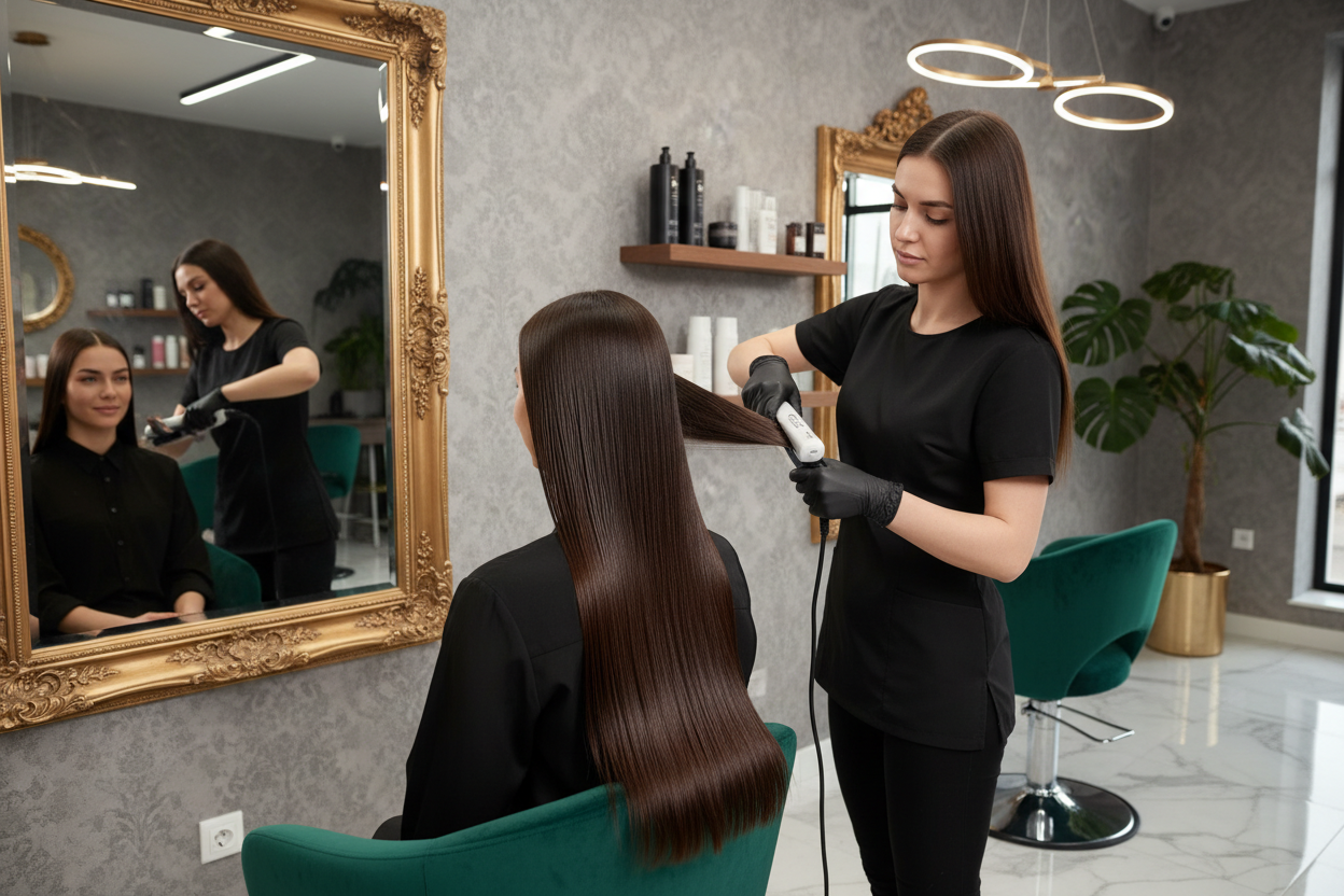 Keratin smoothing treatment resulting in sleek shiny hair at a beauty salon