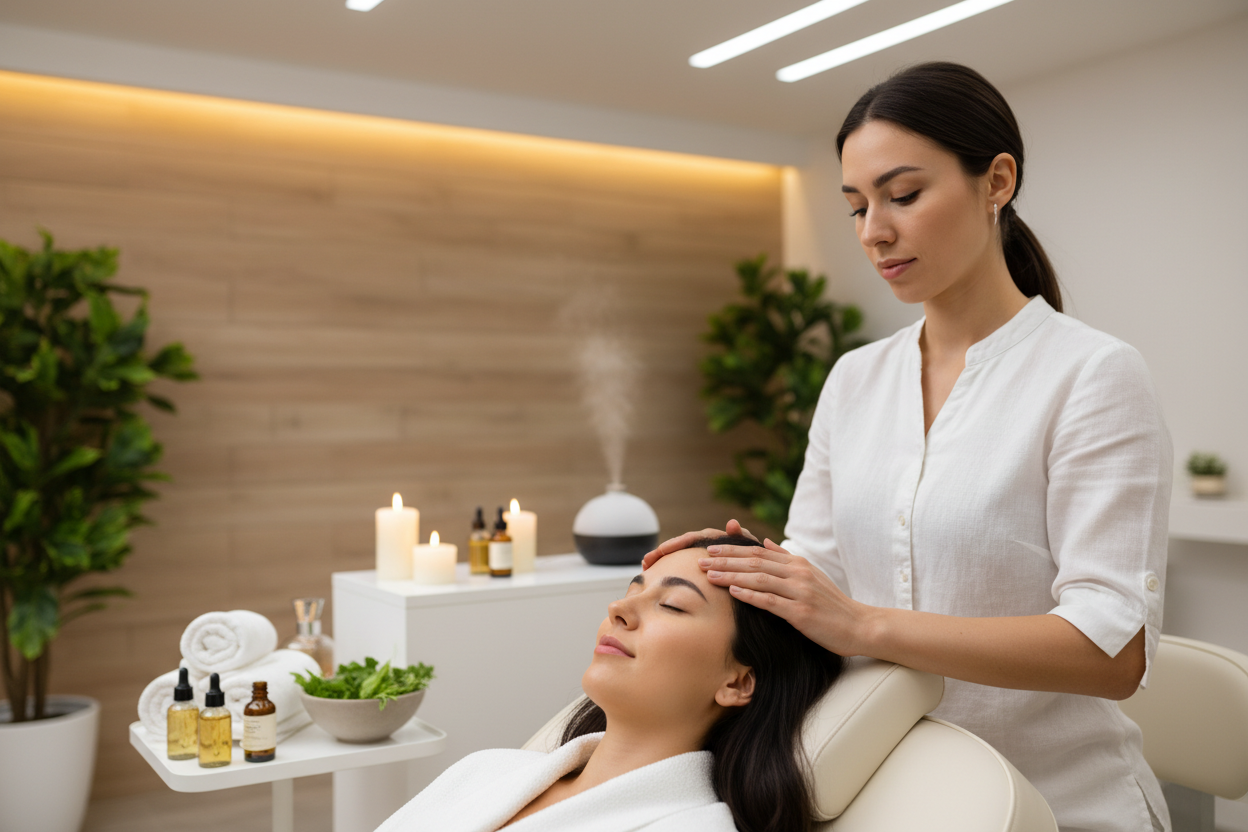 Revitalizing scalp treatment with botanical serums at a beauty salon
