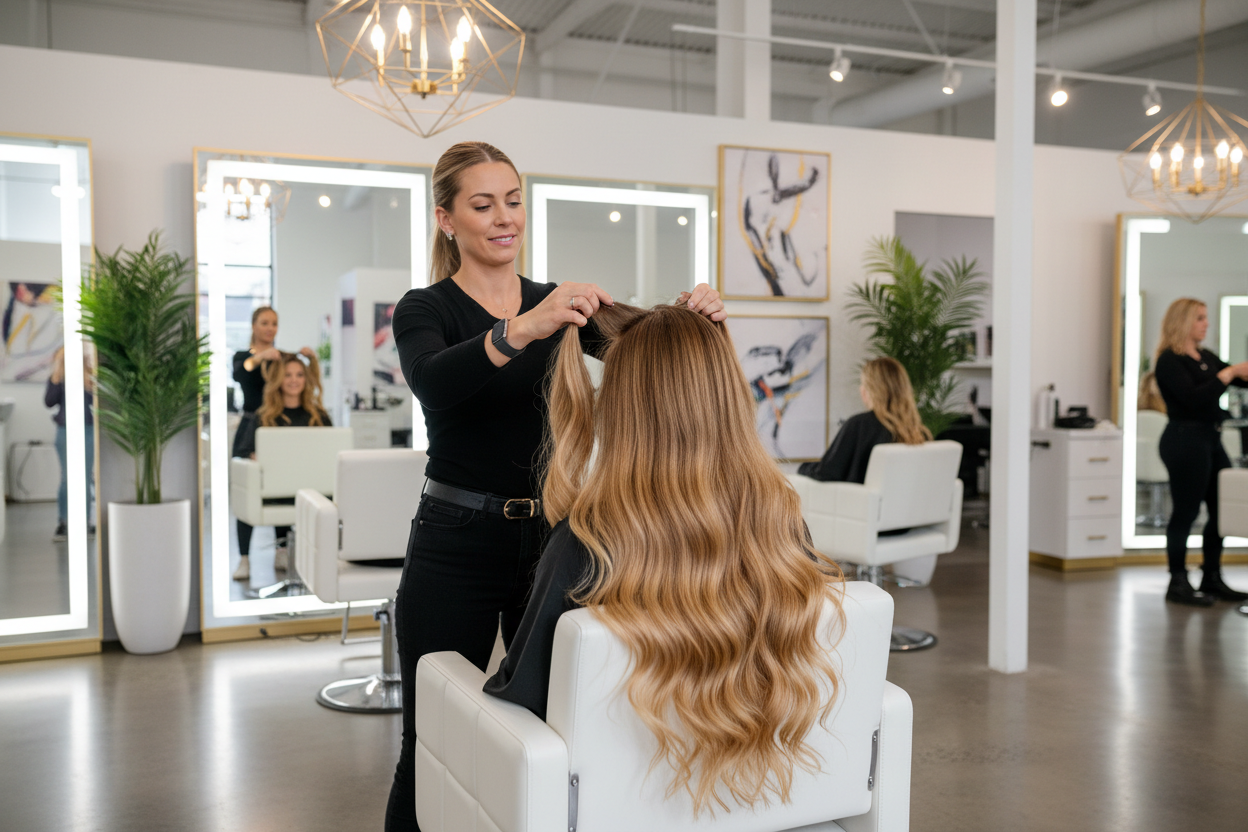Professional hair extensions application at a luxury beauty salon
