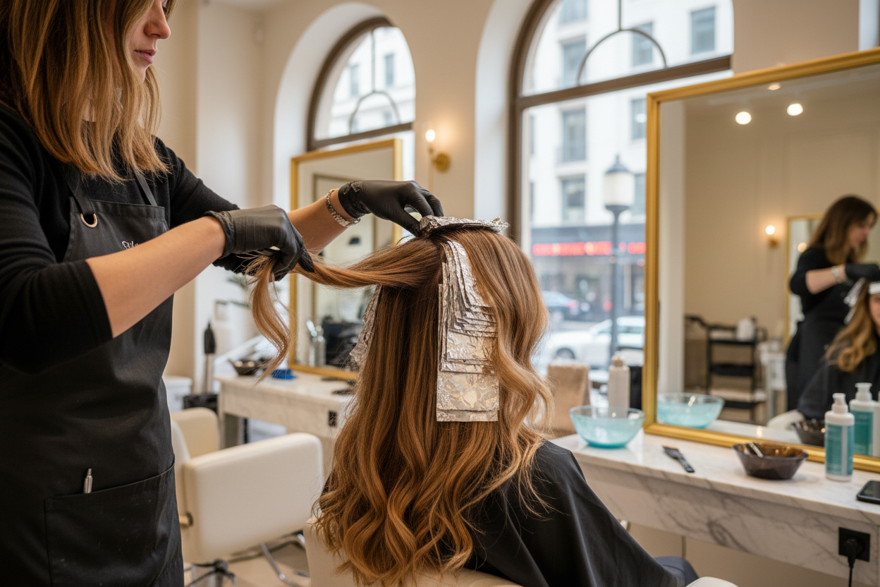 Beautiful highlights and balayage hair coloring at a luxury beauty salon