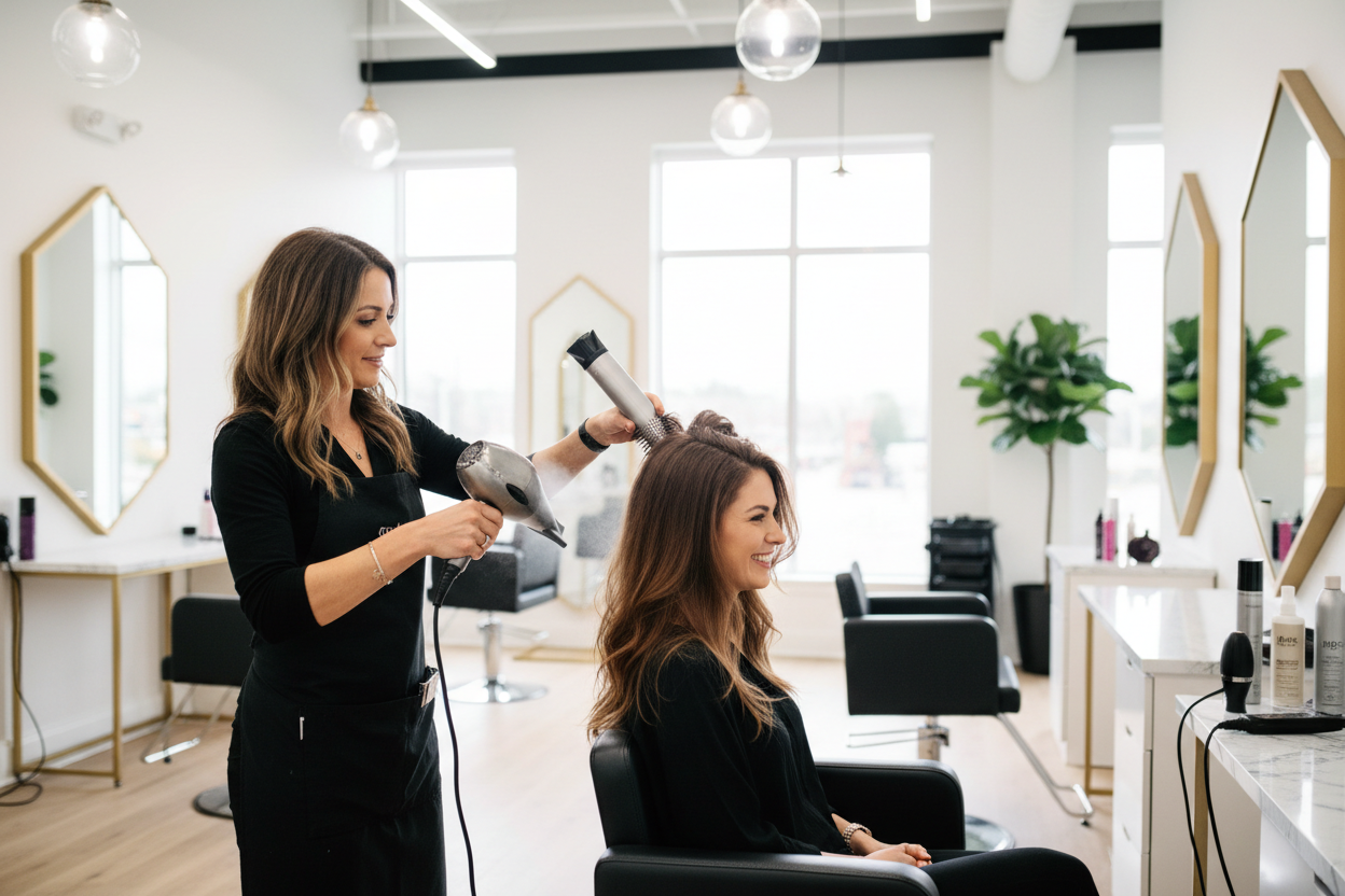Professional blowout and hair styling at a beauty salon
